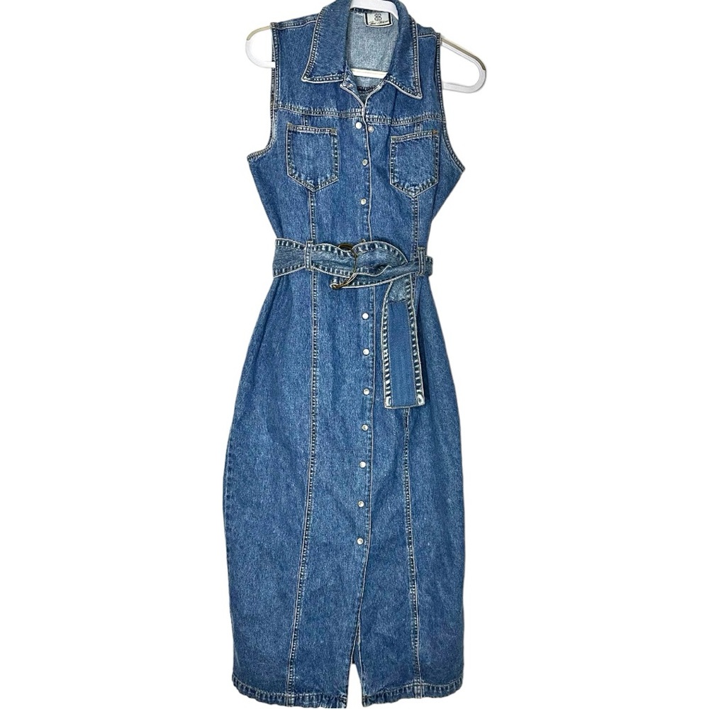 Vintage sleeveless denim dress duster with belt